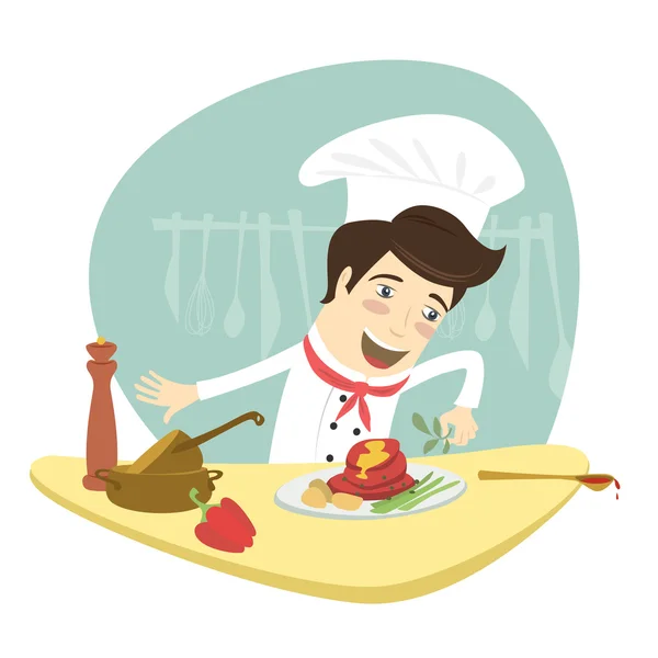 Cuoco divertente che cucina piatti di carne in cucina — Vettoriale Stock