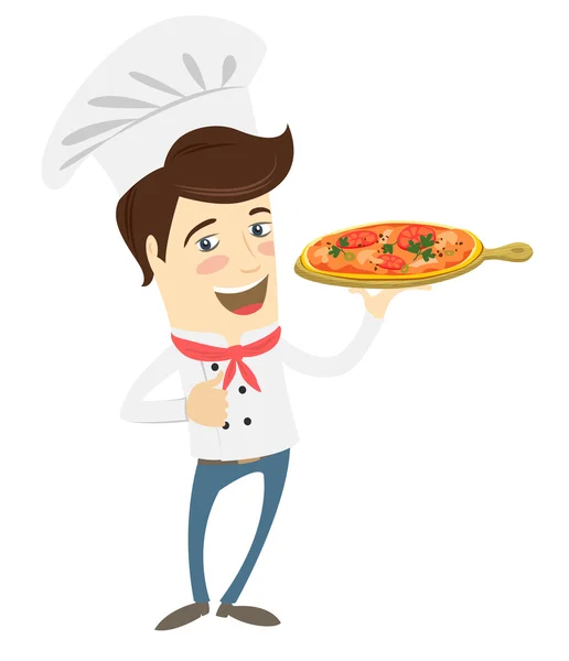 Cuoco divertente che serve il piatto della pizza in cucina — Vettoriale Stock