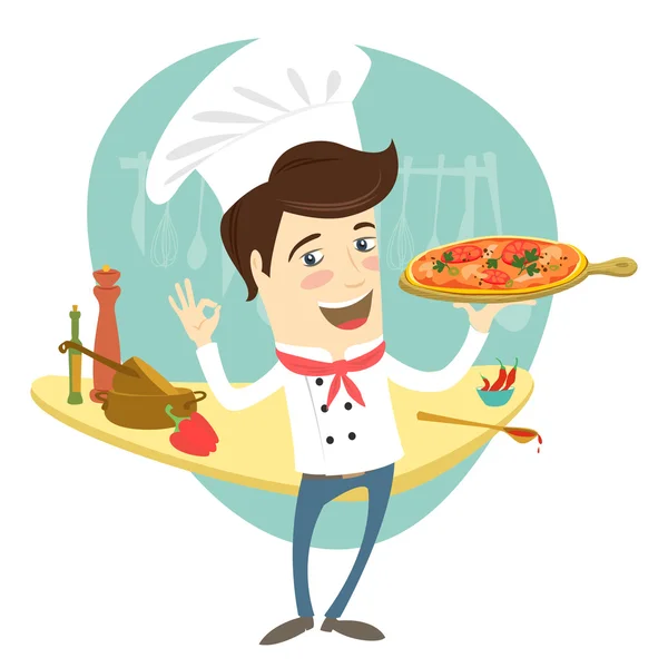 Забавный повар, подающий пиццу на кухне — стоковый вектор