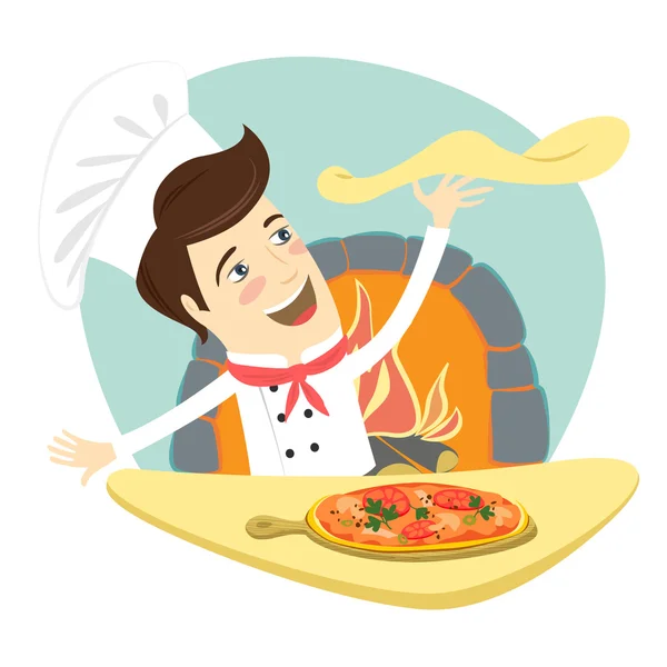 Funny chef preparing pizza dish in the kitchen — Stock Vector