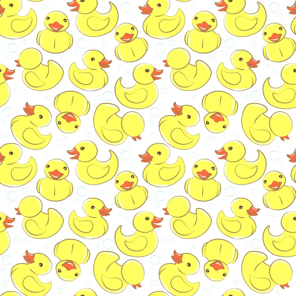 Pato de goma amarillo y burbujas patrón de niño sin costura — Vector de stock