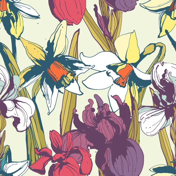 Blumen Blume Narzisse Iris nahtlose Hand gezeichnet mutern.colore — Stockvektor