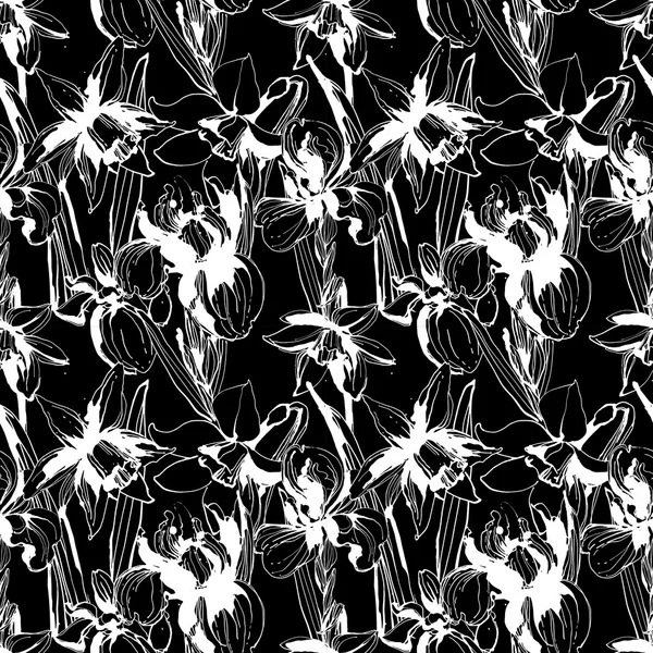 Kwiat kwiatów Narcyz i tęczówki bezszwowe rysowane ręcznie wzór. Bl — Wektor stockowy