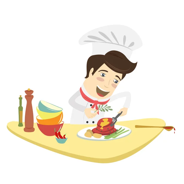 Chef drôle cuisine plat de viande dans la cuisine — Image vectorielle