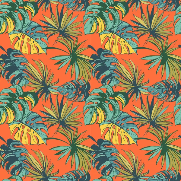 Tropical selva floral sin costuras fondo con palmera — Vector de stock