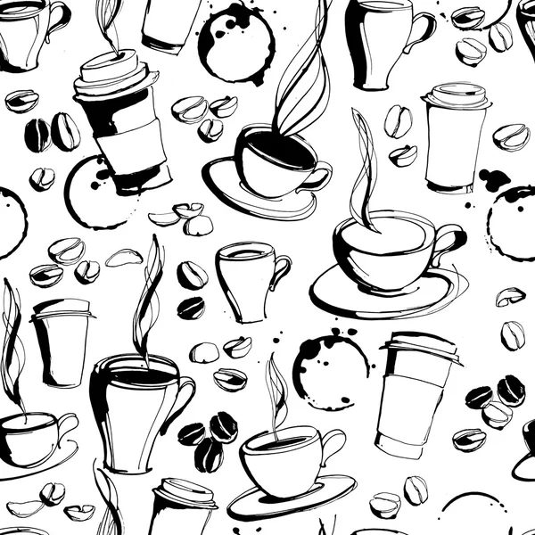 Grungy mano dibujado tinta café para llevar, tazas, tazas y frijoles con sp — Archivo Imágenes Vectoriales