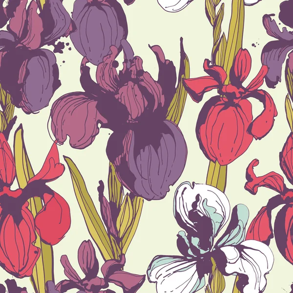 Blumen Blume Iris nahtlose Hand gezeichnet mutern.colored Tinte Splitter — Stockvektor