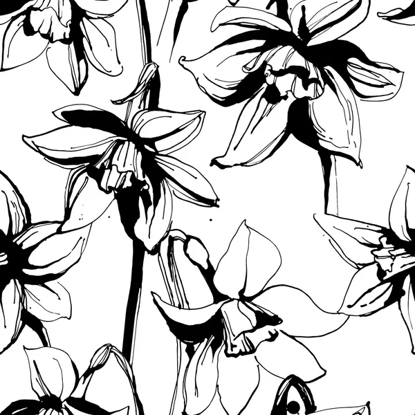 Blumenblume Narzisse nahtlose handgezeichnete Muster. schwarz-weiß — Stockvektor