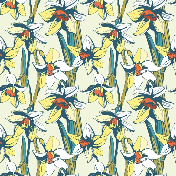 Flor floral narciso sin costuras dibujado a mano pattern.Colored tinta — Vector de stock