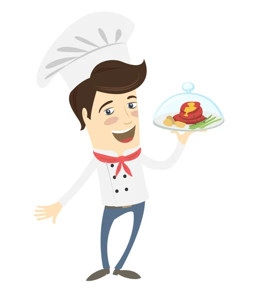 Funny chef serving meat dish — Stock Vector