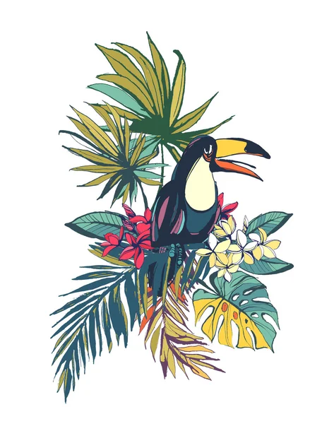 Tropische bloemen zomer strand feestkaart met palmstrand bladeren, — Stockvector