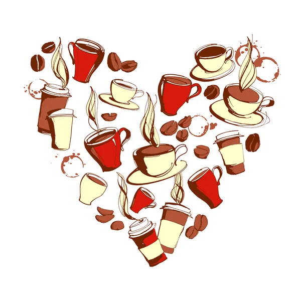 Grungy hand drawn heart shape ink coffee to go, cups, mugs, bean — Stock Vector