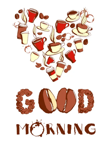 Grungy main dessinée café à l'encre de forme de coeur à emporter, tasses, tasses, haricots — Image vectorielle