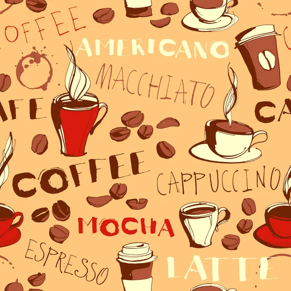 Grungy mano dibujado tinta café para llevar, tazas, tazas, frijoles y carta — Vector de stock