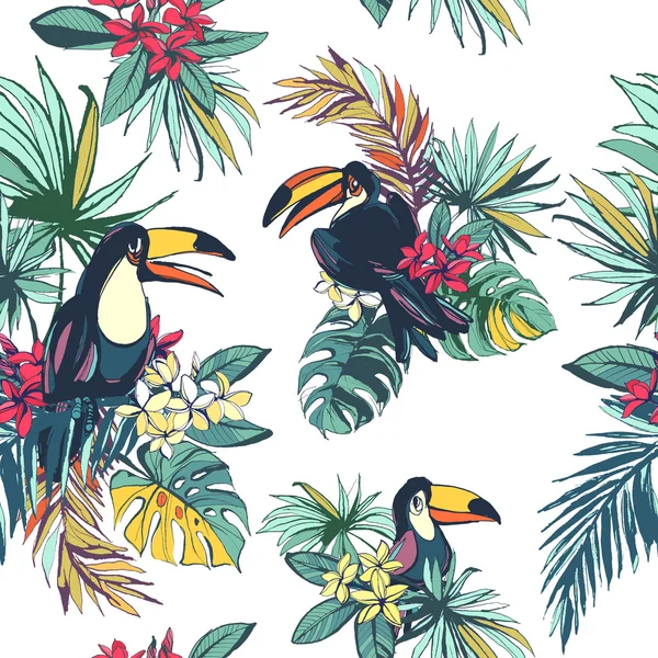 Patrón tropical floral sin costuras de verano con hojas de palmera, — Archivo Imágenes Vectoriales