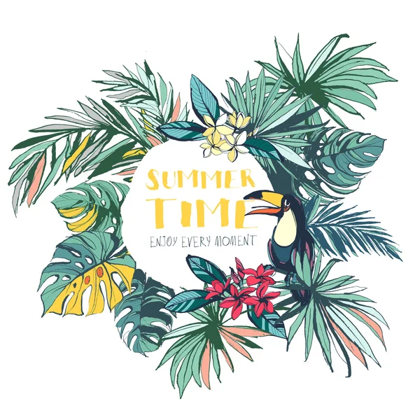 Tropical floral verano playa fiesta invitación con hojas de palma, — Vector de stock