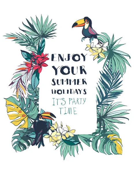 Tropical floral summer beach party invitation with palm leaves,