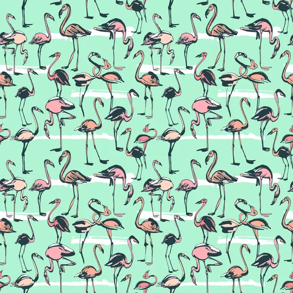 Flamingolar yaz Dikişsiz desen tropikal egzotik kuşlar. Pembe bir — Stok Vektör