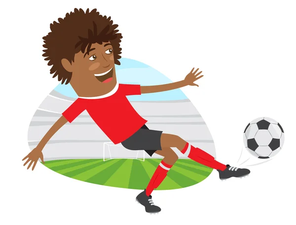 Lustiger afrikanischer Fußballspieler mit rotem T-Shirt — Stockvektor
