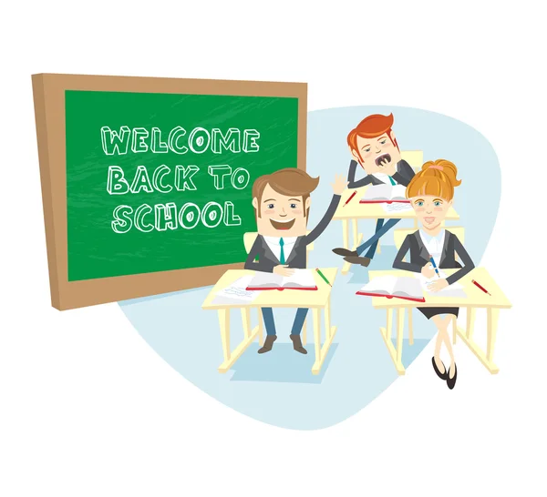 Funny group of univercity students or school pupils at theyr des — Stock Vector