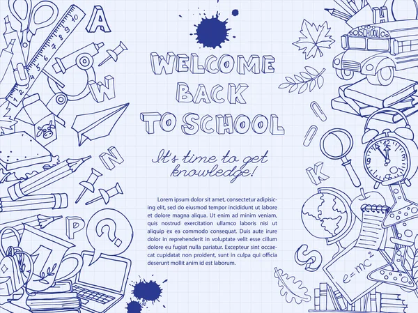 Hát-hoz iskola keret szegély minta a gyerekek doodles busszal, bo — Stock Vector