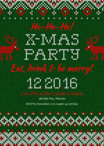 Stickad inbjudan till julen X-Mas Party. Handgjorda knittin — Stock vektor