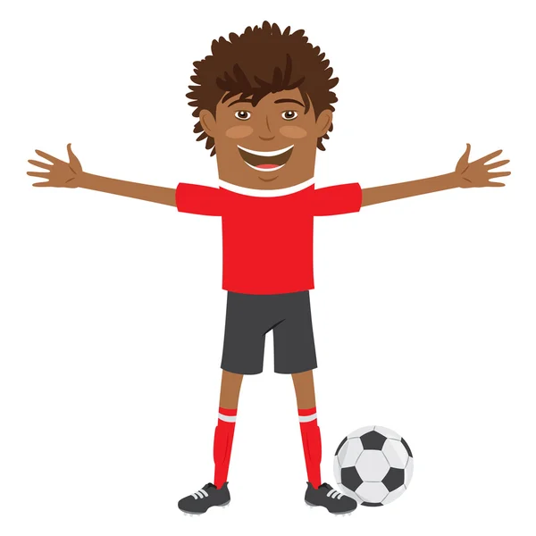 Lustiger afrikanischer Fußballspieler mit rotem T-Shirt — Stockvektor