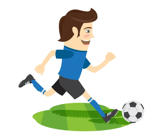 Grappige voetbal voetbalspeler dragen blauw t-shirt lopende kickin — Stockvector