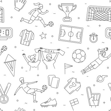 Female Soccer football world championship women player game match soccer fans thin line outline icons seamless background pattern. Vector illustration doodles in linear simple style. Black and white vector Female Soccer football world championship women player game match soccer fans thin line outline icons seamless background pattern. Vector illustration doodles in linear simple style. Black and white vector