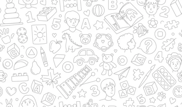Νηπιαγωγείο Γραμμή Διανυσματική Απεικόνιση Αδιάλειπτη Μοτίβο Εκπαιδευτικά Παιχνίδια Doodle Σχέδιο — Διανυσματικό Αρχείο