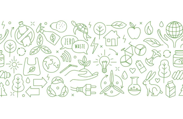 没有塑料 去绿色 零废物的概念 再利用 循环利用 根植生态生活方式和可持续发展 线形图标风格图例无缝模式边框涂鸦绘图 — 图库矢量图片#