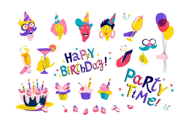 Freunde Auf Einer Geburtstagsparty Vector Illustration Flachdruck Stil Happy Birthday — Stockvektor