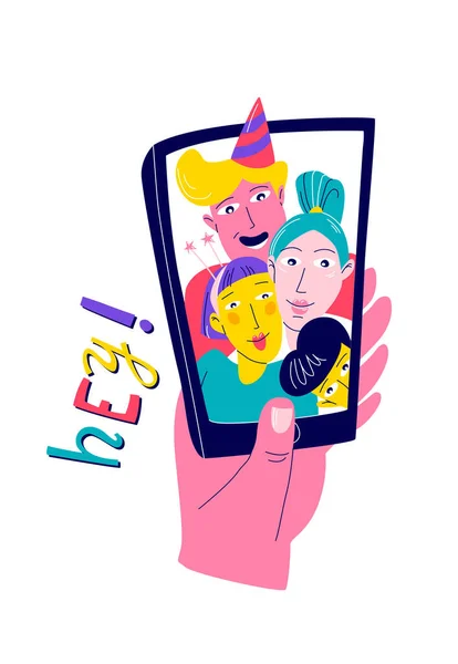 Los Amigos Una Fiesta Cumpleaños Toman Una Selfie Ilustración Vectorial — Vector de stock