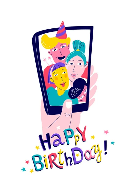 Los Amigos Una Fiesta Cumpleaños Toman Una Selfie Ilustración Vectorial — Vector de stock