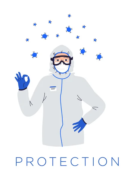 Joven Médico Con Traje Protección Personal Médica Con Máscara Gafas — Vector de stock