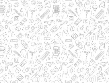 Women health, hygiene and contraception seamless background pattern. Vector illustration doodles thin line art sketch style concept clipart