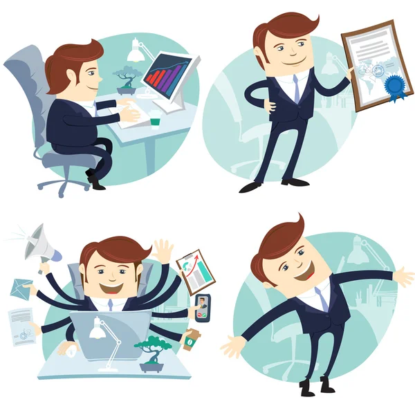 Office man set: showing a diploma, Happy worker, busy white coll — Stock Vector