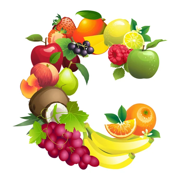 Letra C compuesta de diferentes frutos con hojas — Vector de stock