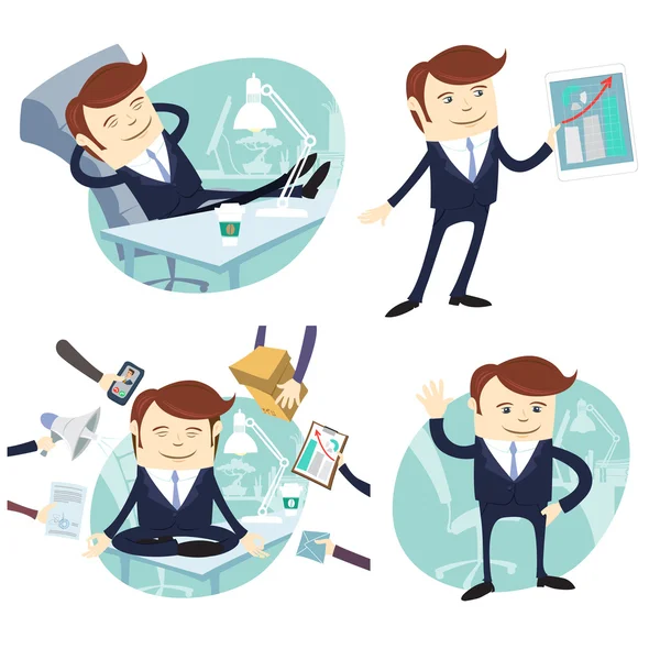 Officeman sor: lusta munkavállaló láb, asztal, berendezés eladó — Stock Vector