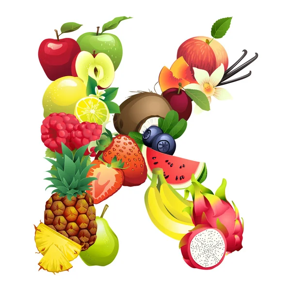 Lettre K composée de différents fruits avec des feuilles — Image vectorielle