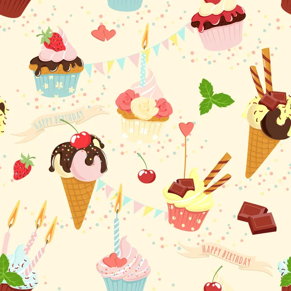 Seamless festive birthday cakes  and ice-cream pattern. Flat sty — Stock Vector