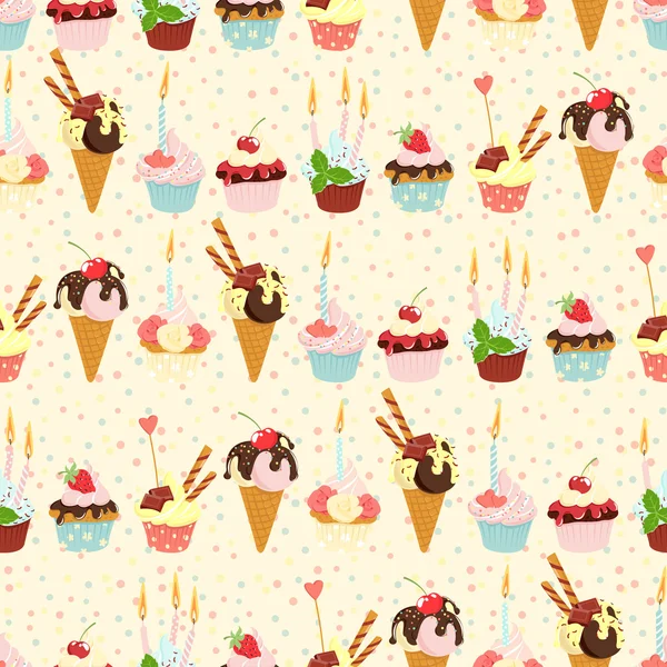 Seamless festive birthday cakes  and ice-cream pattern. Flat sty — Stock Vector