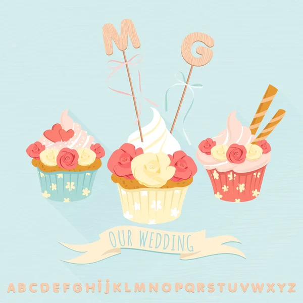 Festive wedding cakes with decorative wooden letters. Flat style — Stock Vector