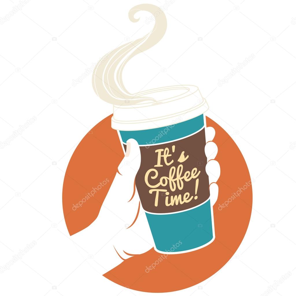 Vector illustration hand holding disposable coffee cup. Cardboard cover with text 