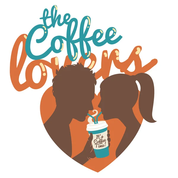 Un par tomando café. Estilo plano. Inscripción: El amor del café — Vector de stock