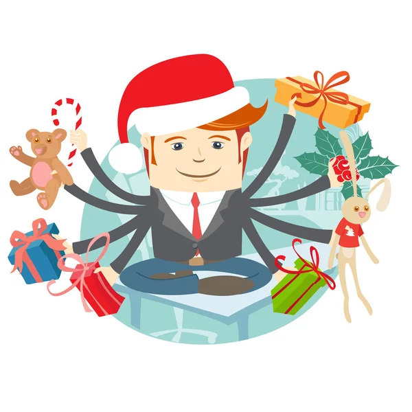 Csípő ember ül az asztalomon, Santa Claus kalap viselése. Aján — Stock Vector