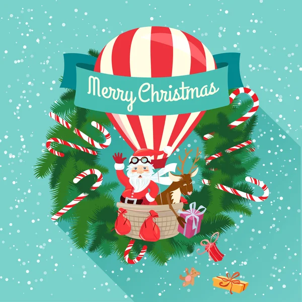 Tarjeta de felicitación festiva de Feliz Navidad con Santa Claus y su — Vector de stock