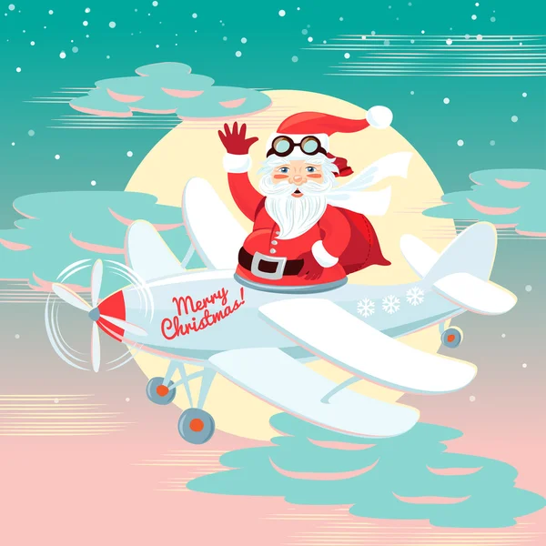 Waving Santa Claus flying on the plane with sack full of presetn — Stock Vector