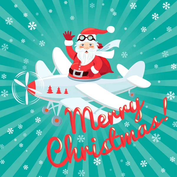 Розмахуючи Санта-Клауса, польоти на літаку з мішком, повним presetn — стоковий вектор