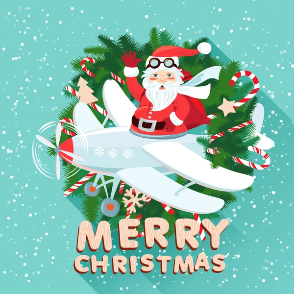 Waving Santa Claus on the plane iside the Christmas wreath with — Stock Vector